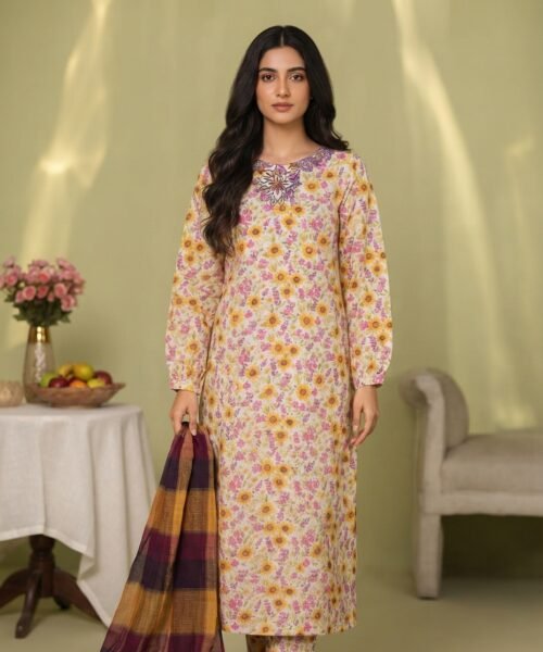 3 piece doby cotton shirt embroidery Malai trouser khadi net dupatta