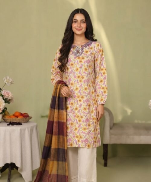 Alternative view of 3 piece doby cotton shirt embroidery  Malai trouser khadi net dupatta