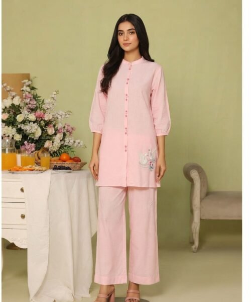 2 piece Linen self shirt trouser hand embroidery