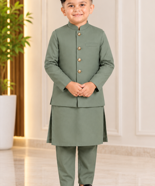Alternative view of Sage Green Waistcoat Kurta Pajama